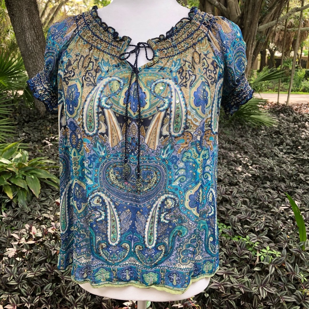 Bila Blue Sheer Peasant Top with Smocking